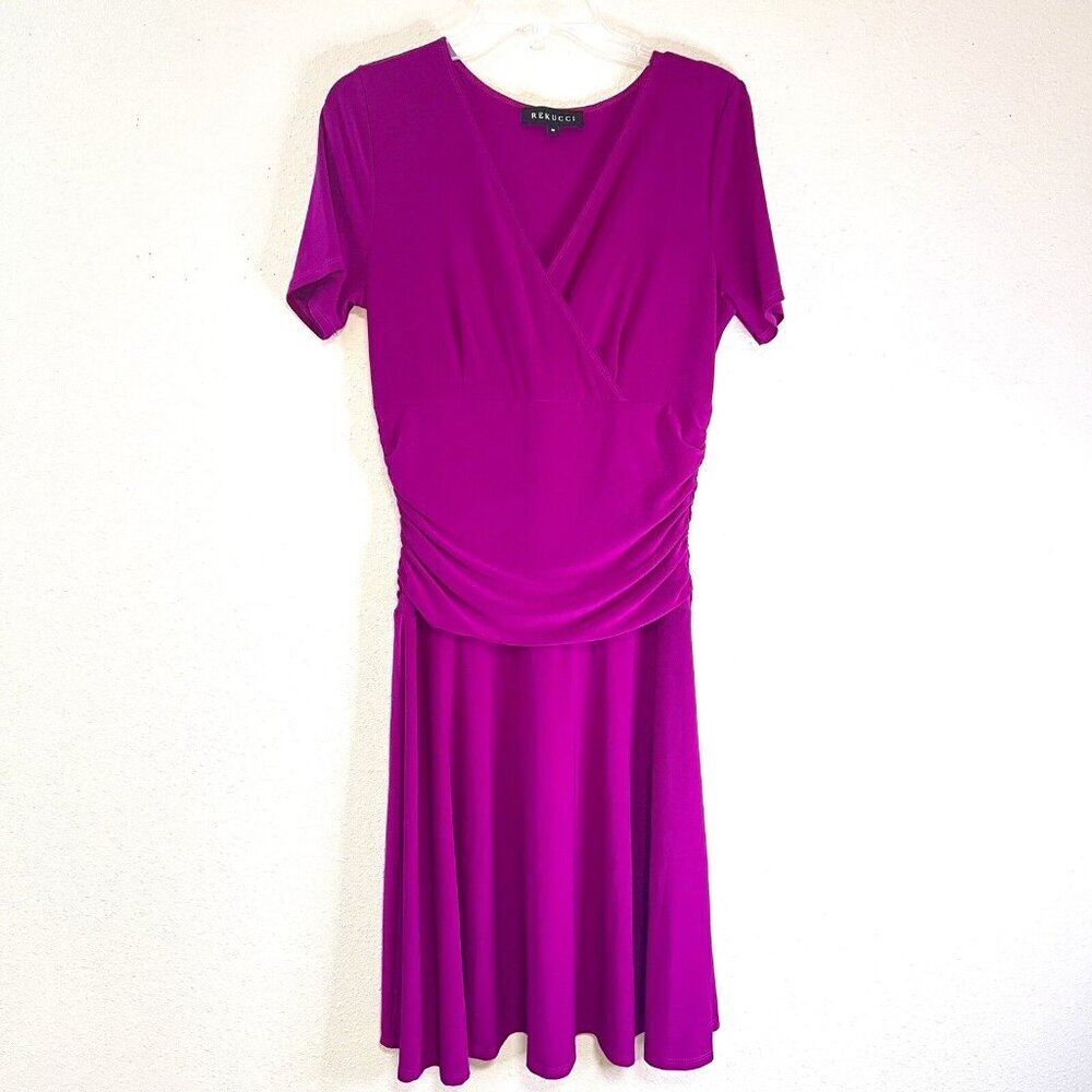 REKUCCI Ruched Sheath Dress Womens 10‎ Slimming Crossover Tummy Control Magenta